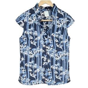 Devon Baer Silk Cap Sleeve Ruffle Blue Tropical Floral Print Blouse‎ Top